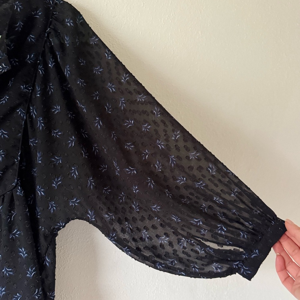 LUCKY BRAND Floral Peplum Sheer Peasant Chiffon Blouse Button Up Black Size M - Picture 5 of 15